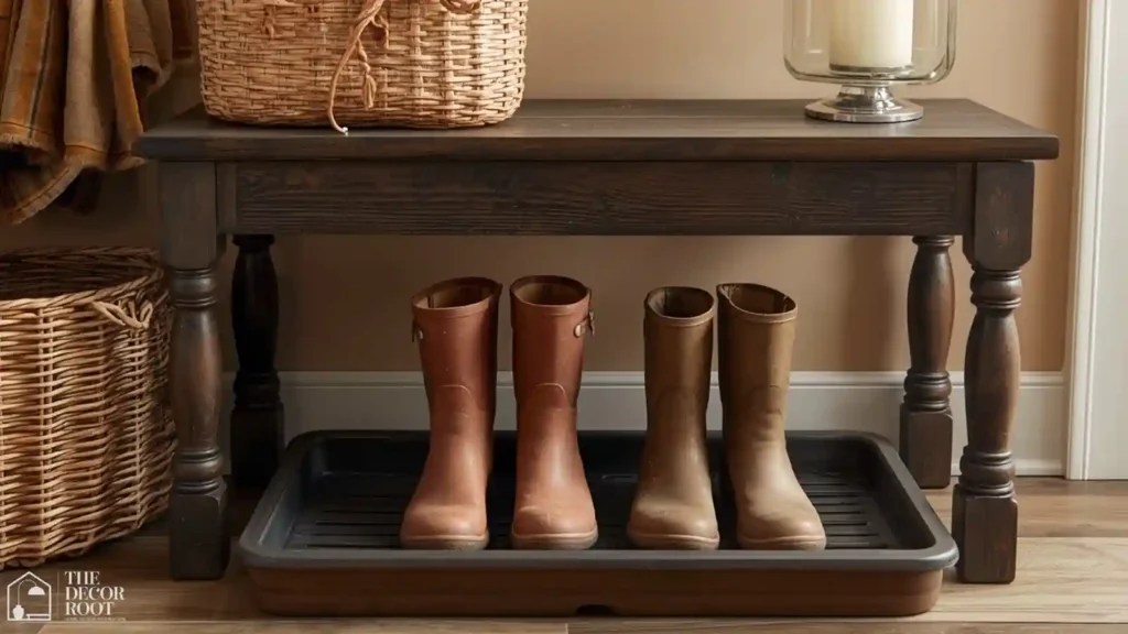 Entryway bench paired with a matching boot tray for wet fall boots