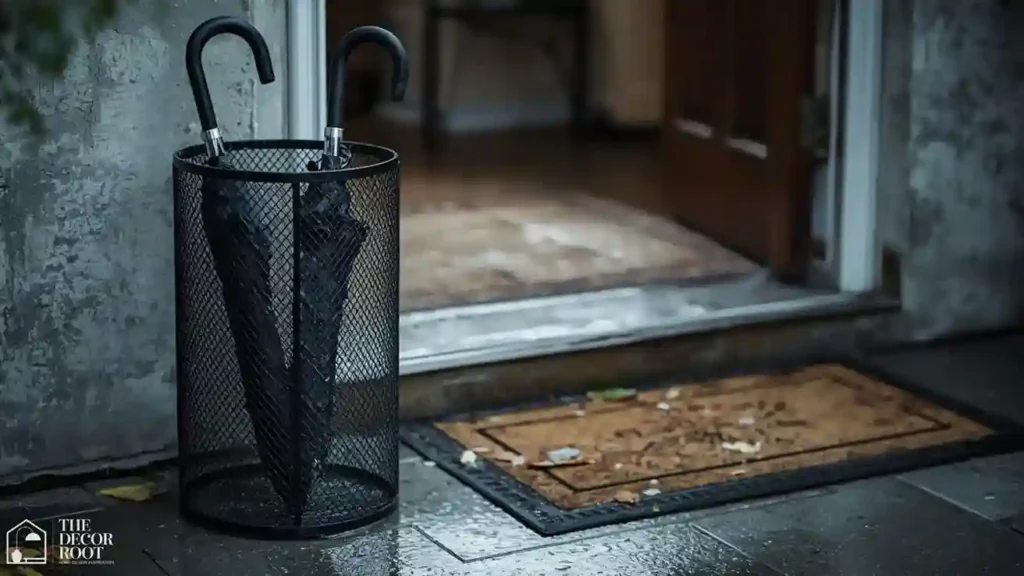 Metal mesh umbrella stand holding wet umbrellas near a fall entryway door