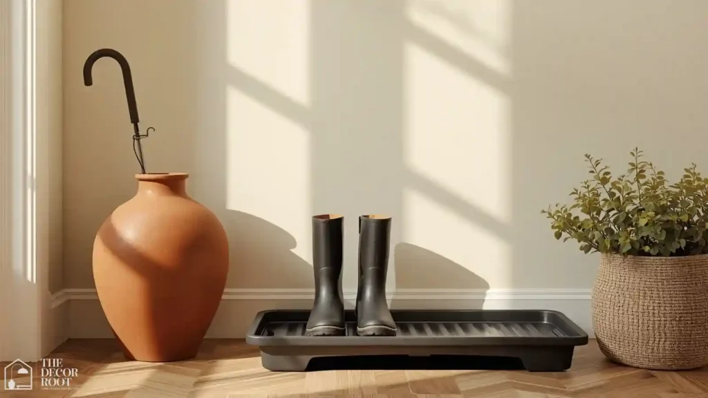 Ceramic umbrella stand paired with a matching boot tray in a fall entryway