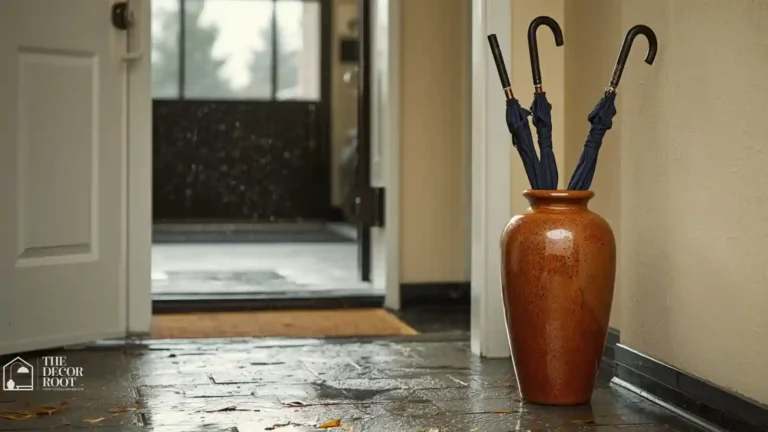Ceramic umbrella stand holding several wet umbrellas beside a fall entryway door