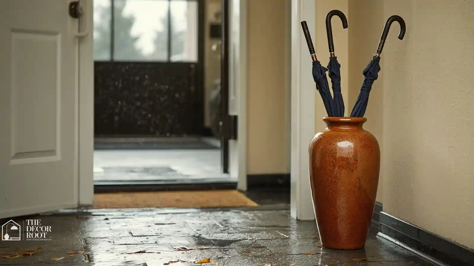 Ceramic umbrella stand holding several wet umbrellas beside a fall entryway door