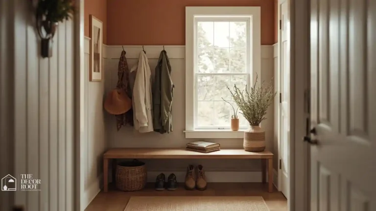 Small styled fall entryway with layered coat hooks, a slim bench, and warm decor ready for guests