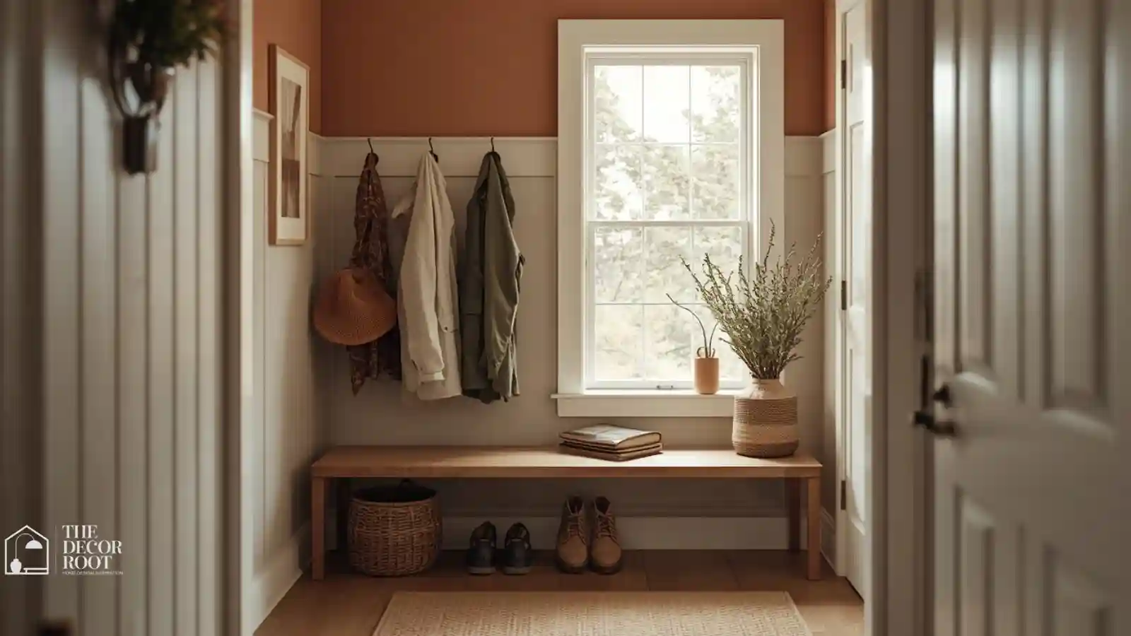 Small styled fall entryway with layered coat hooks, a slim bench, and warm decor ready for guests