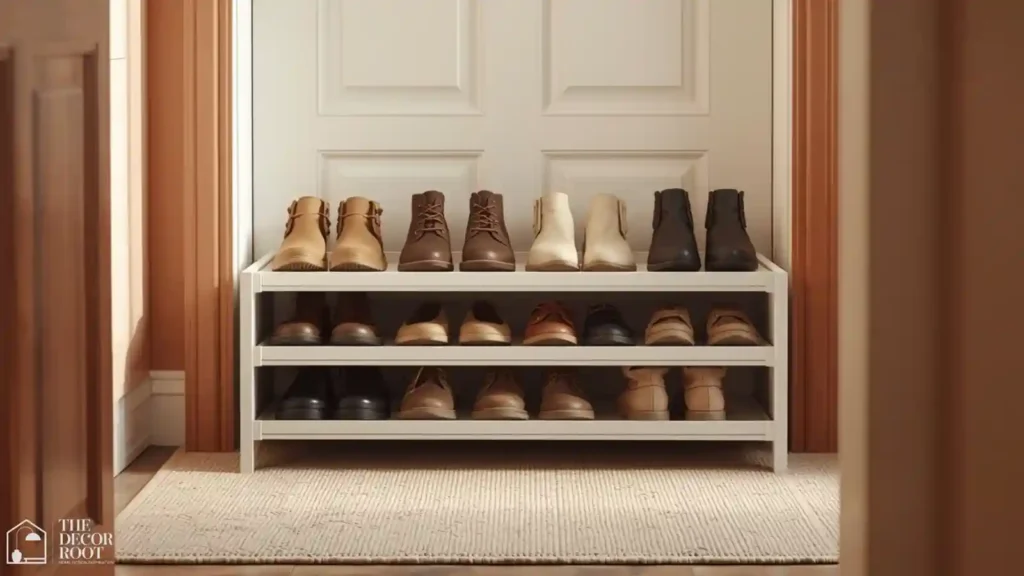 Stackable shoe tray system holding several pairs of guest shoes in a small fall entryway