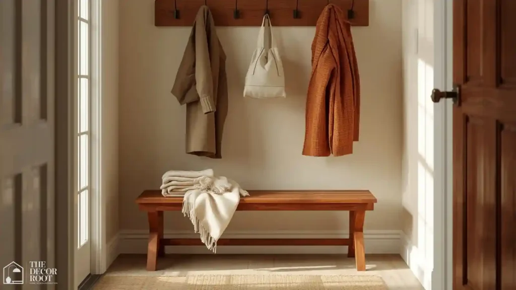 Lightweight folding bench set up for guest seating in a small fall entryway