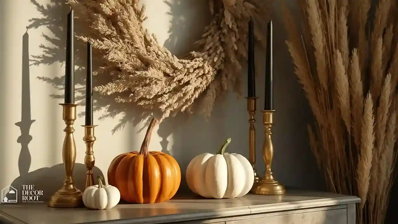 Elegant neutral Halloween entryway with terracotta pumpkins and brass candlesticks
