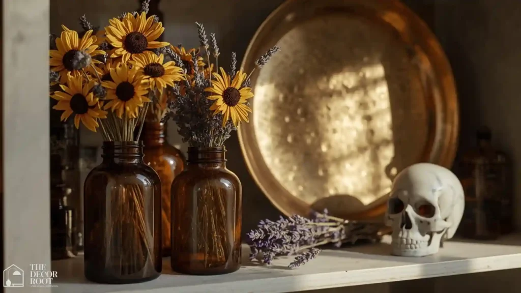 Amber apothecary jars with dried botanicals styled on an open shelf for elegant Halloween decor