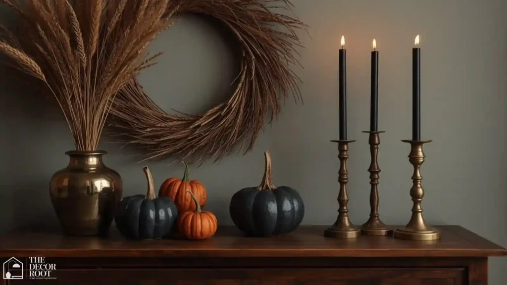Terracotta pumpkins and brass candlesticks with black taper candles on a console table