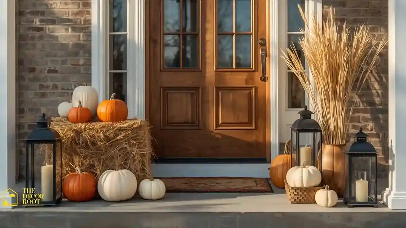 Styled Halloween front porch with hay bales, graduated pumpkins, and black lanterns
