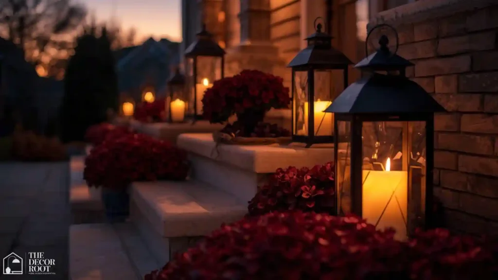 Black iron lanterns lining Halloween porch steps at dusk