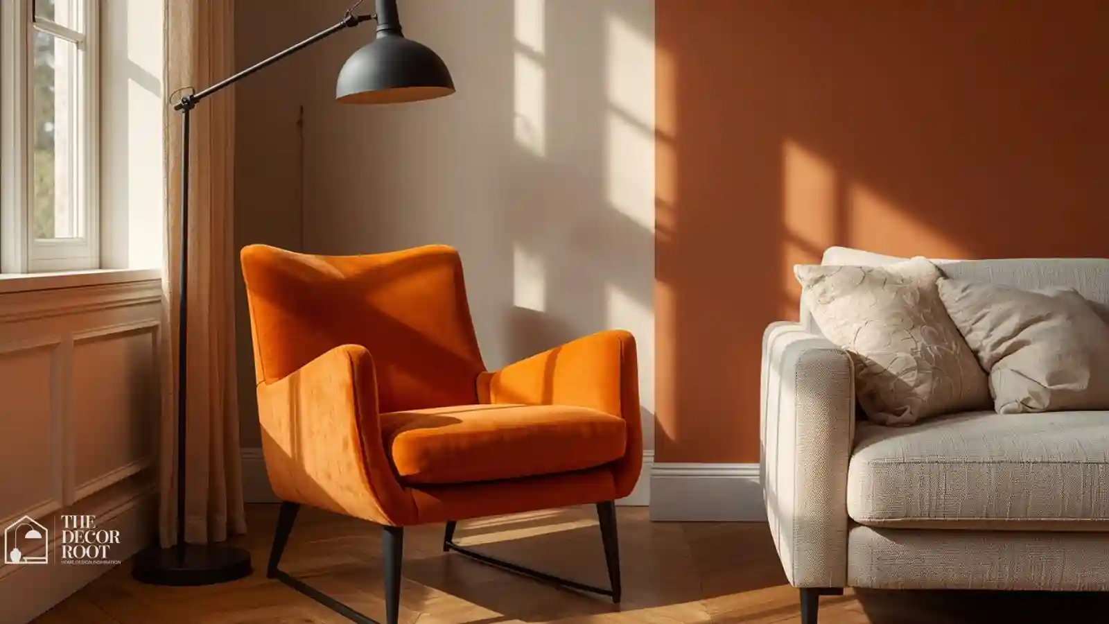 Living room styled with burnt orange accent chair and matte black lamp base