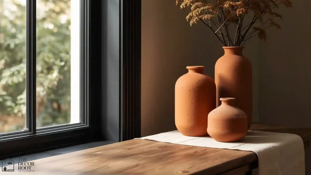 Black painted trim with terracotta ceramic vases on a wood console table