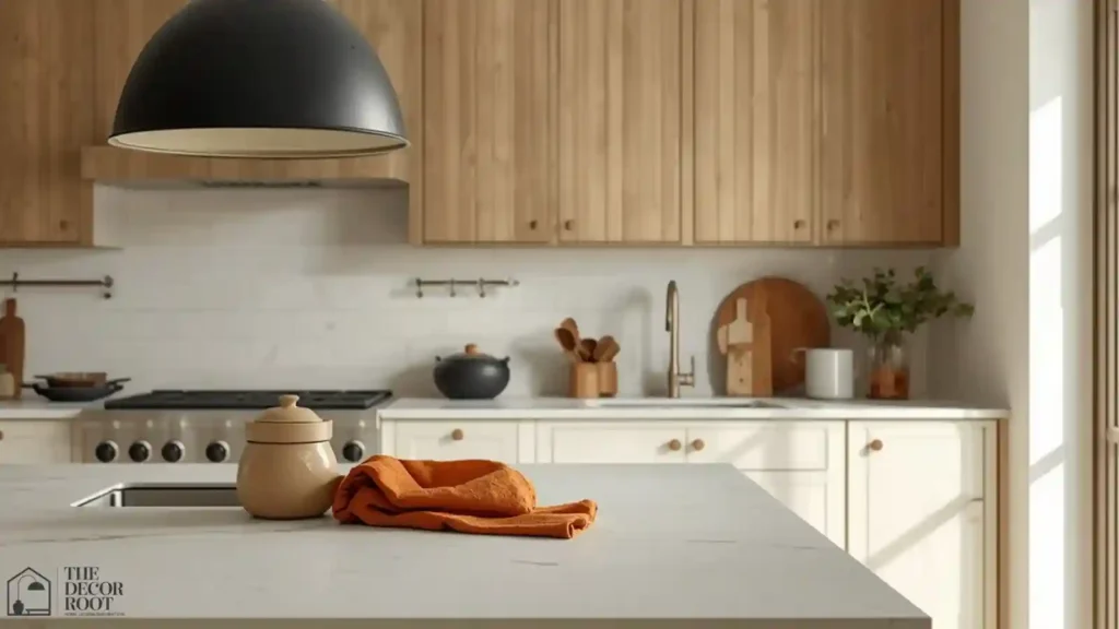 Matte black pendant light over a kitchen island with burnt orange accessories