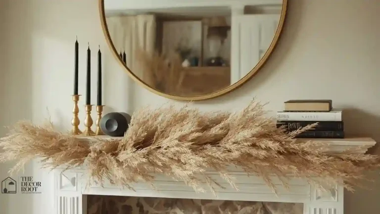 Layered Halloween mantel with brass candlesticks, dried florals, and a leaning mirror