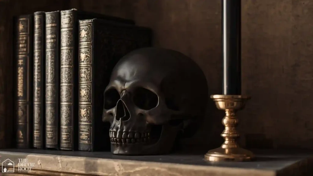 Matte ceramic skull accent tucked among a stack of books on a styled mantel