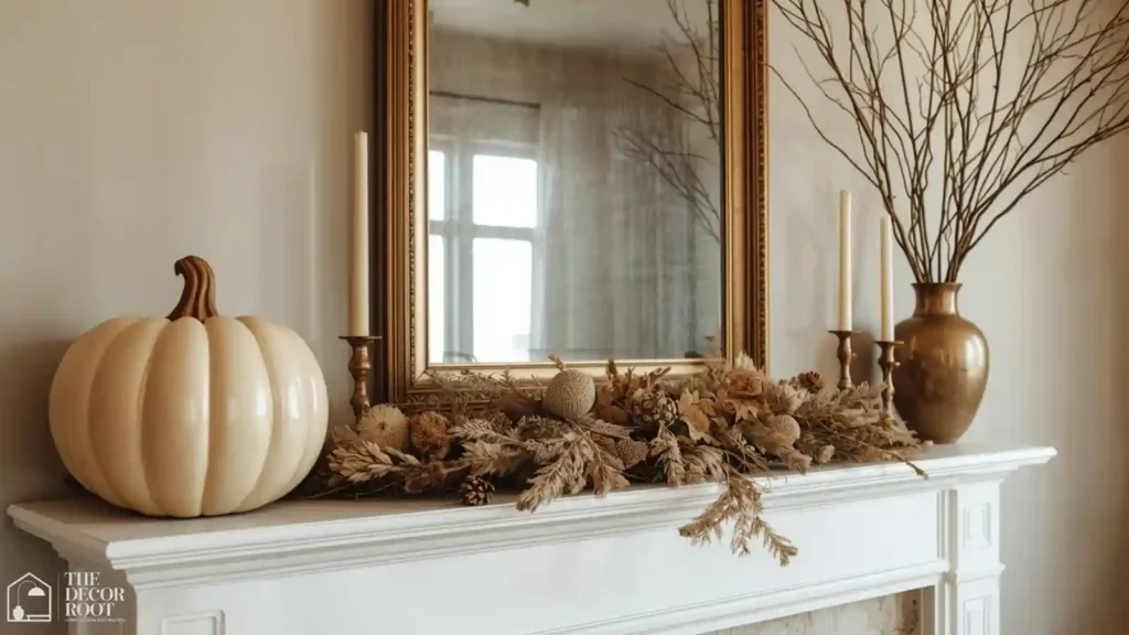 Oversized cream pumpkin and tall branch arrangement balancing a styled Halloween mantel