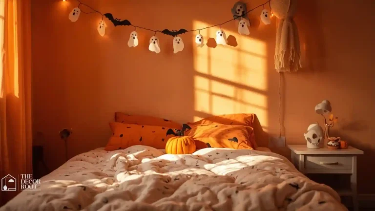 Cozy kids bedroom decorated with friendly Halloween decor including orange string lights and plush pumpkins