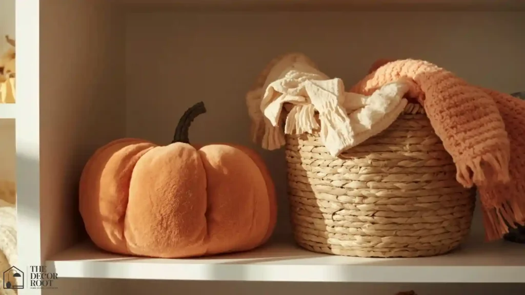 Kids bedroom shelf styled with pumpkin plush pillows and a woven pumpkin toy basket