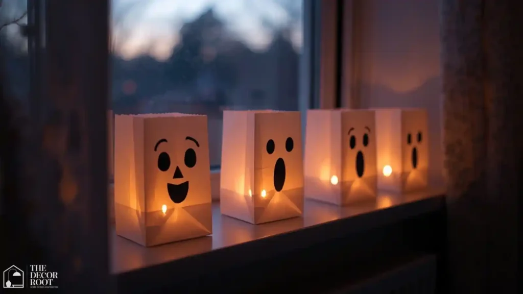Child's windowsill decorated with paper bag ghost lanterns glowing softly at dusk