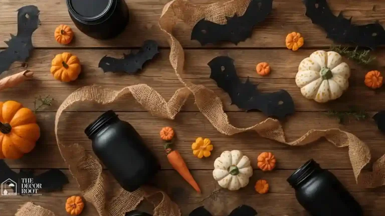 Flat lay of budget DIY Halloween decorations including painted mason jars and paper bats