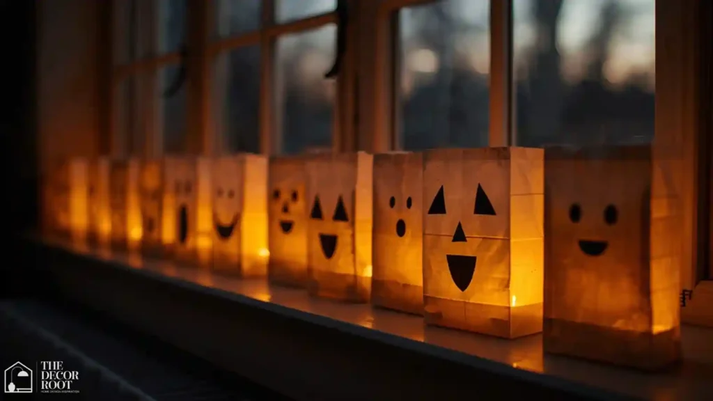 Kraft paper ghost bags glowing on a windowsill at dusk as a budget Halloween craft