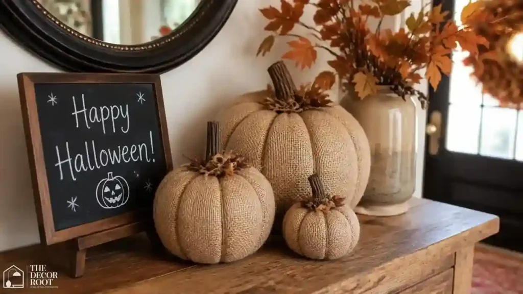	Entry table styled with burlap-wrapped pumpkins and a chalk lettered Halloween sign