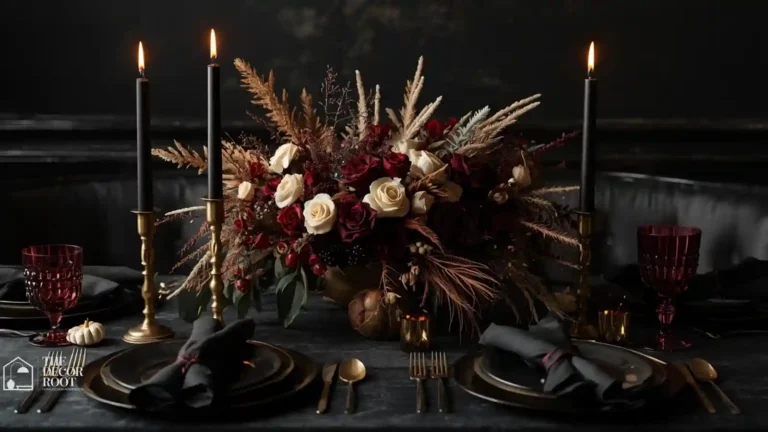 Elegant Halloween dinner table setting with black taper candles and dried florals