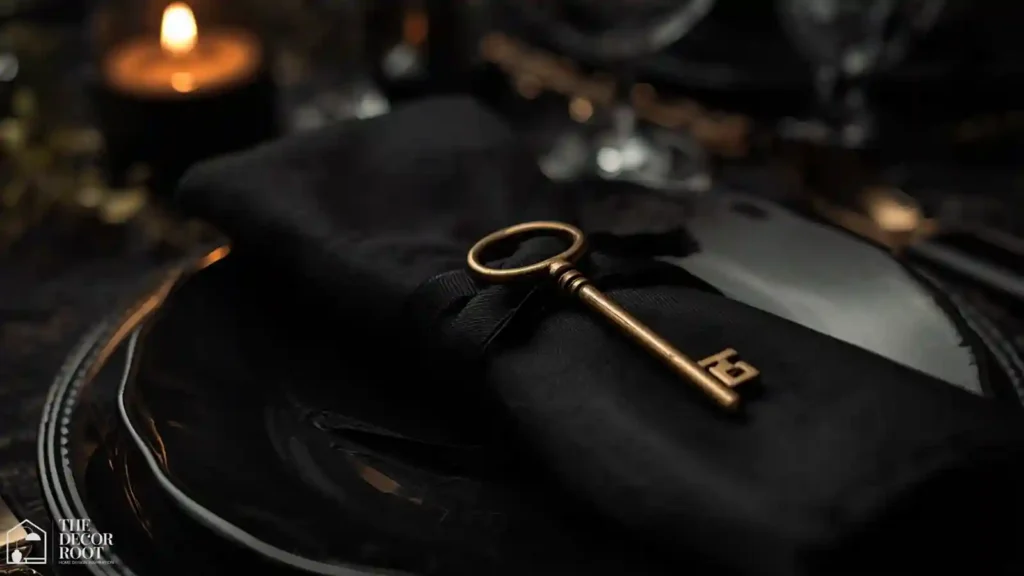 Close-up of a Halloween dinner place setting with a brass skeleton key napkin tie