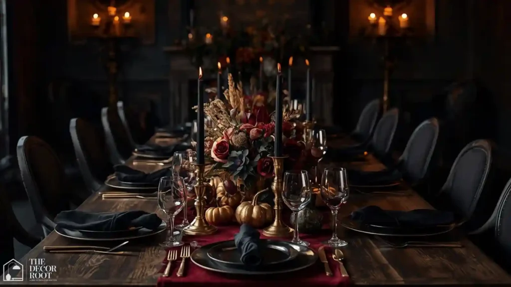 Full length view of an elegant Halloween dinner table set for guests with candlelight