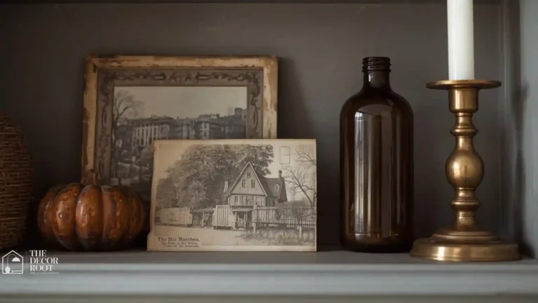 Vintage-style Halloween decor shelf with antique postcards and amber glass bottles