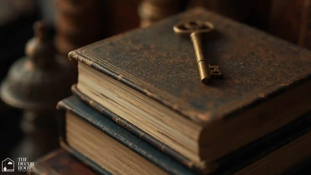 Stack of old books topped with an antique skeleton key styled as vintage Halloween decor