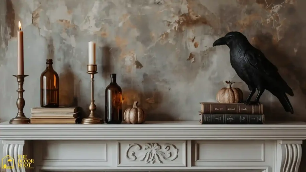 Mantel styled with vintage Halloween decor including amber bottles and a faux raven
