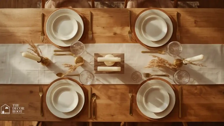 Relaxed Thanksgiving table setting with linen runner, mismatched flatware, and taper candles