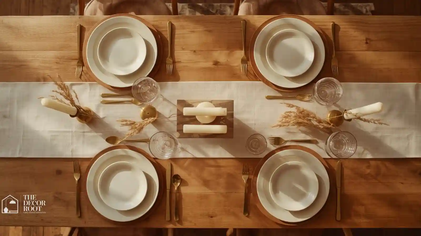 Relaxed Thanksgiving table setting with linen runner, mismatched flatware, and taper candles