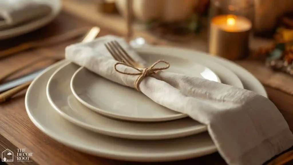 Layered mismatched plates and brass taper candles on a casual Thanksgiving table
