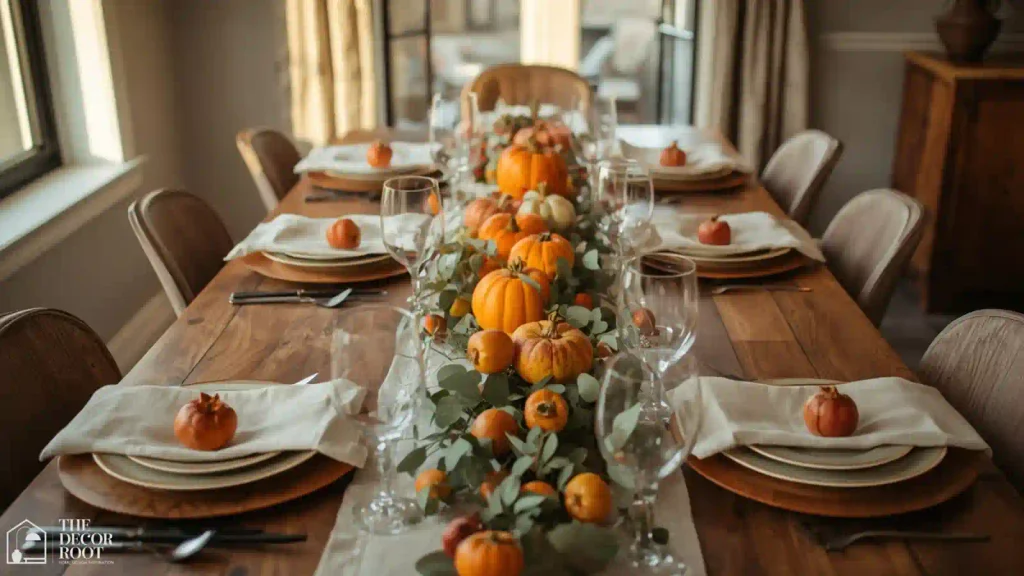 Full Thanksgiving dining table set casually with wood chargers and fruit centerpiece
