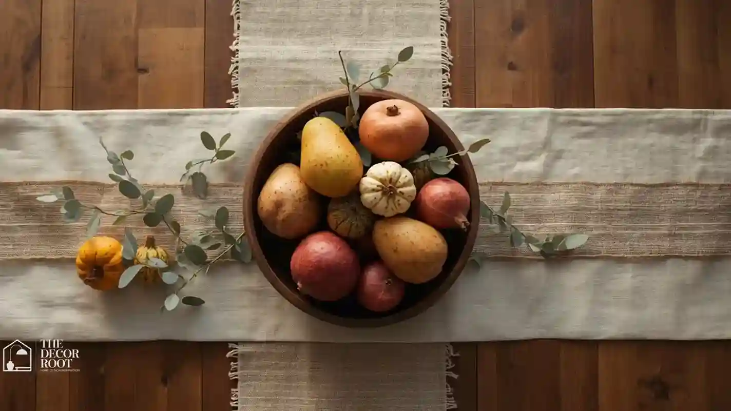 Thanksgiving centerpiece made from a wood dough bowl filled with fruit and greenery
