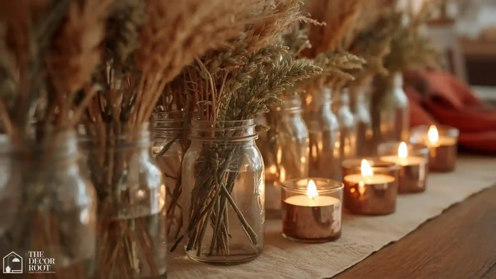 Mason jars and mercury glass votives clustered as a Thanksgiving centerpiece
