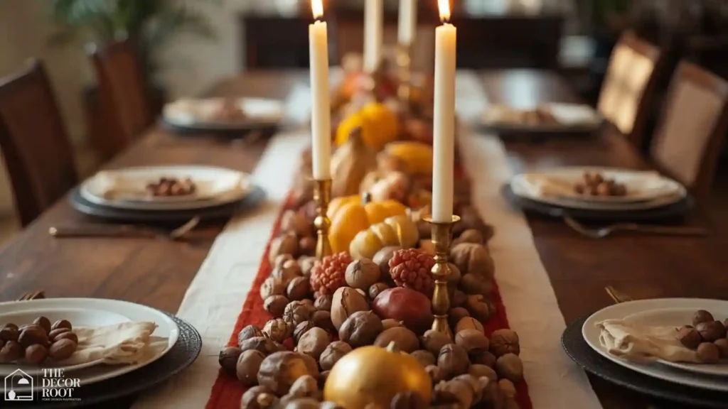 Full Thanksgiving table with a low centerpiece of nuts, gourds, and brass candlesticks
