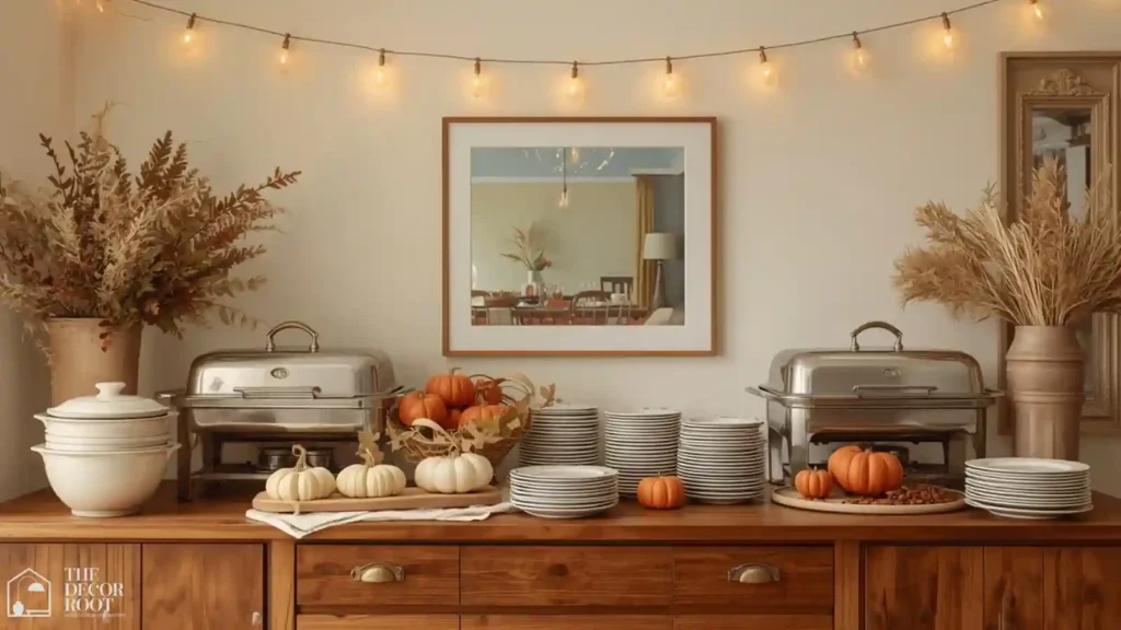 Buffet-style serving station set up on a sideboard for a small Thanksgiving dinner