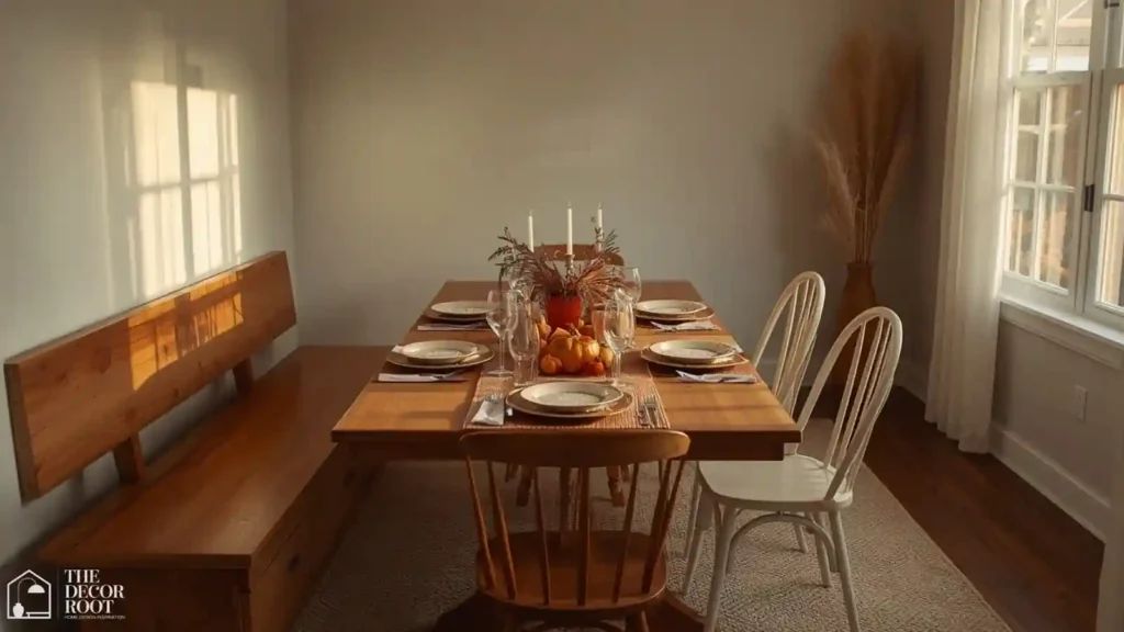 Small dining room with a bench and mismatched chairs set for Thanksgiving