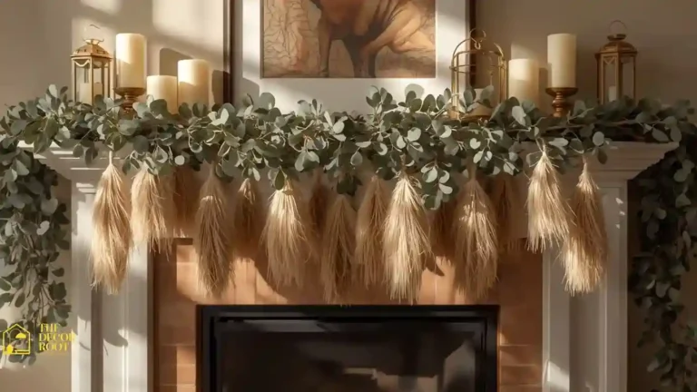 Thanksgiving mantel with neutral garland and pillar candles that transitions into winter