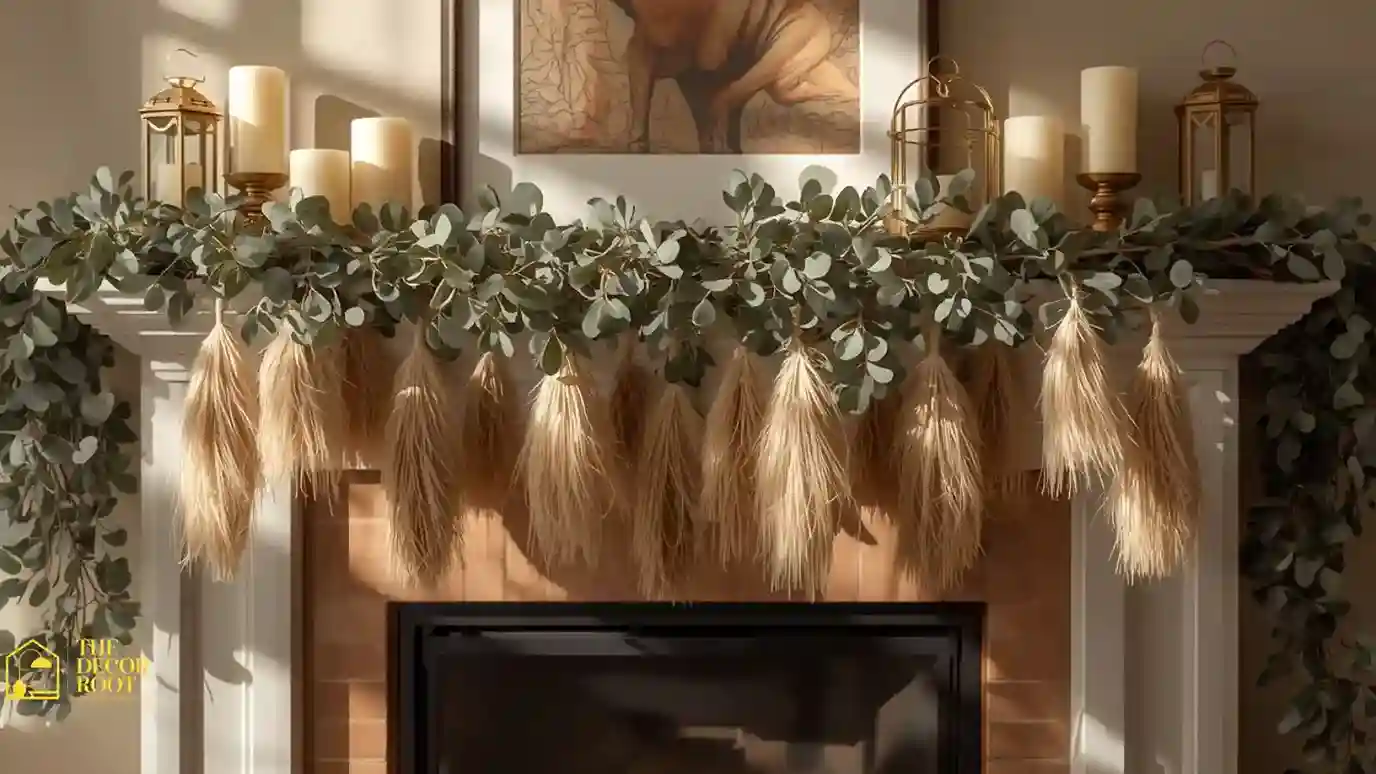 Thanksgiving mantel with neutral garland and pillar candles that transitions into winter