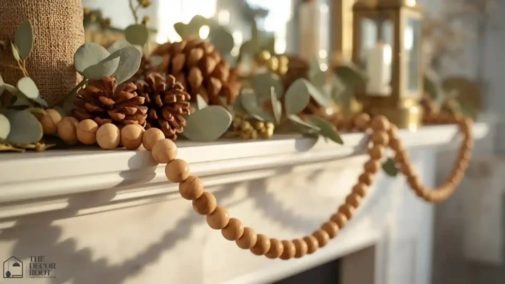 Close up of wood bead garland and pinecones on a Thanksgiving mantel