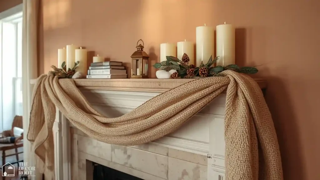 Full fireplace mantel styled with candles, lanterns, and greenery for fall into winter
