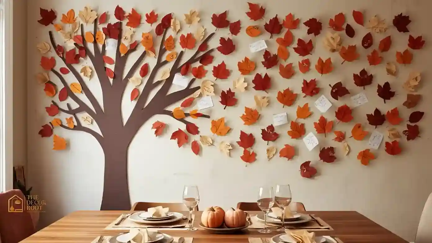 Gratitude wall ideas for Thanksgiving with paper leaves and handwritten notes