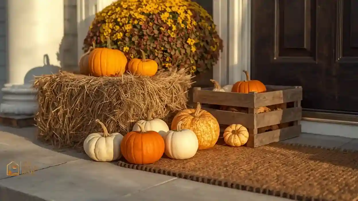 Farmhouse fall porch decorated with real pumpkins hay bales and wood crates