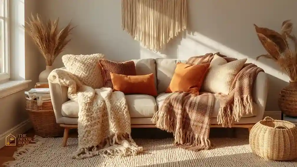 Boho fall living room with layered throw blankets and warm terracotta accents