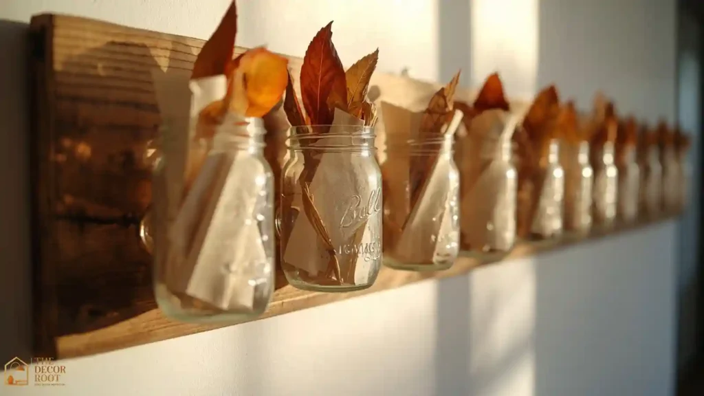 Mason jar gratitude wall idea filled with handwritten Thanksgiving notes