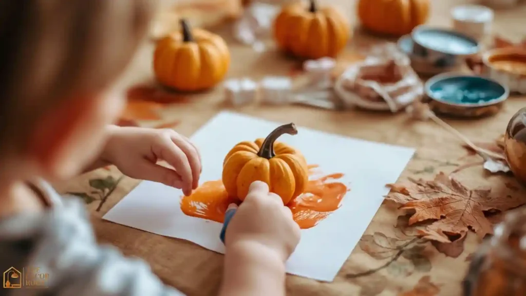 Kids Thanksgiving craft activity with turkey feathers and pumpkin painting